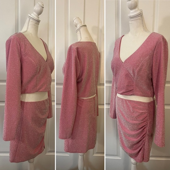 Crystal Doll Sparkly Pink 2-Piece Dress Set Mini Skirt & Long Sleeve Crop Top XL - Picture 3 of 16